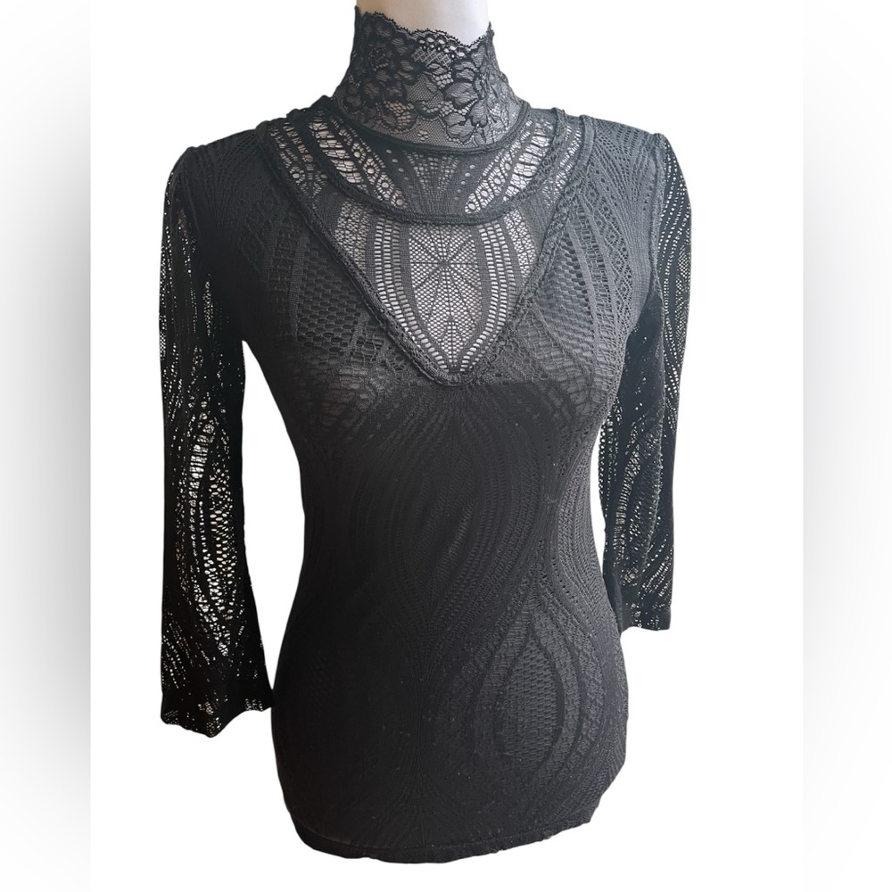 Free People Lace Mock Neck
Sheer Blouse with Button Accents